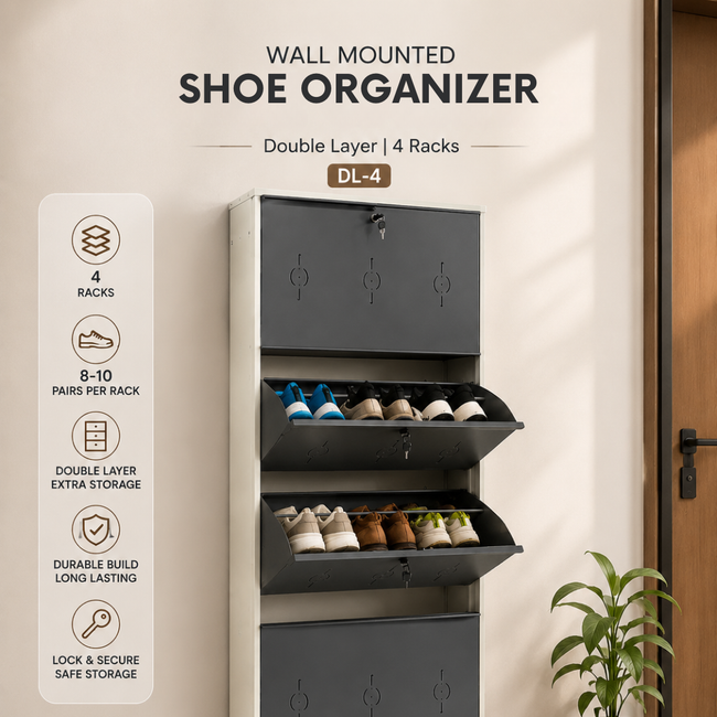Wall mounted double layer shoe organizer DL-4, powder coated steel